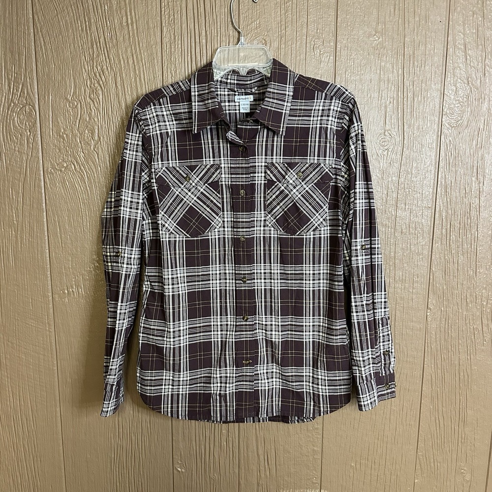 Women's Carhartt Size‎ L 12/14 Purple Plaid Button Up Casual Long Sleeve Light